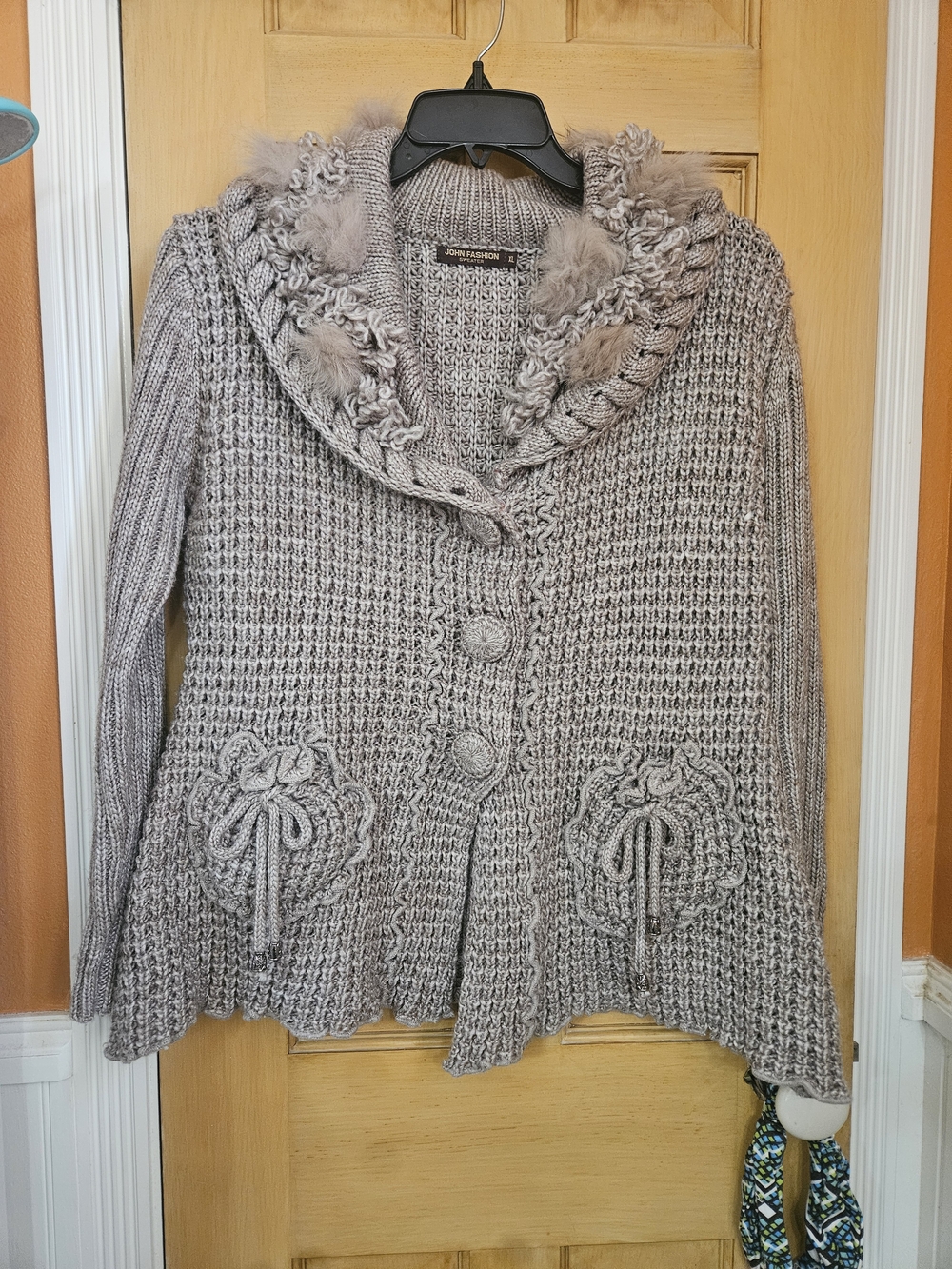 John Fashion Cozy Faux-Fur Trim Taupe/Oatmeal Knit Cardigan Sweater